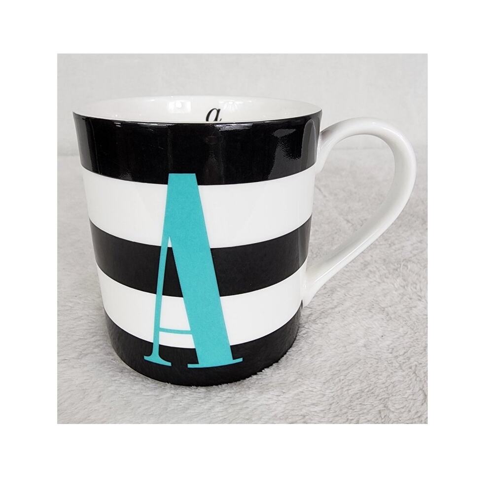 Kate Spade Mug Lenox "A"  Wickford Red Letter Day Stripe Black White Turquoise